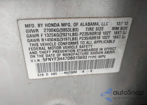 2013 Honda Pilot Ex from USA, damaged, VIN 5FNYF3H47DB015693
